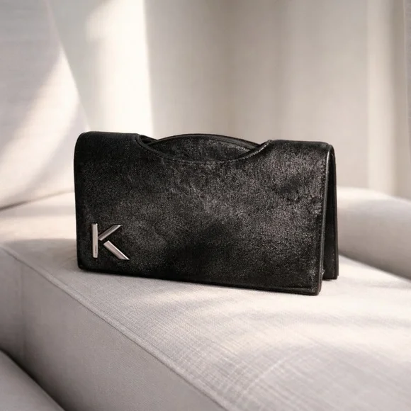 KRIZIA Vintage Y2K Black Gunmetal Shimmer Evening Clutch Made in Italy - Picture 1 of 16